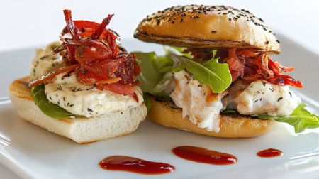 An appetizing gourmet sandwich delights the senses, showcasing tender white fish, fresh greens, and crispy toppings atop a toasted bun, complemented by savory sauces.の素材