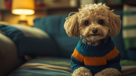 A cheerful small dog lounges in a vibrant sweater on a comfortable couch, surrounded by a warm and inviting living room, exuding coziness and joy.の素材