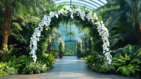 A stunning indoor garden featuring a white orchid archway surrounded by vibrant tropical plants, creating a serene escape filled with natural beauty and light.の素材