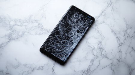 This image showcases a mobile phone with a cracked screen on a marble background, representing the common issues of device damages and the need for repair services.の素材