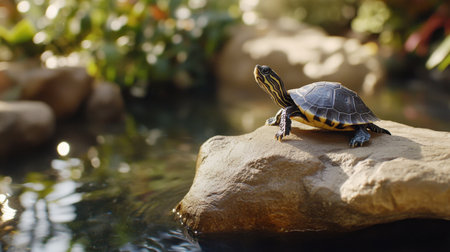 A small turtle rests on a rock beside tranquil water, surrounded by vibrant greenery. The serene atmosphere captures the beauty of nature and wildlife in harmony.の素材
