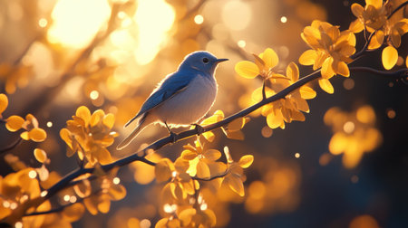 A charming bird perches on a delicate branch amidst vibrant golden leaves, illuminated by soft sunlight, capturing the essence of autumn tranquility in nature.の素材