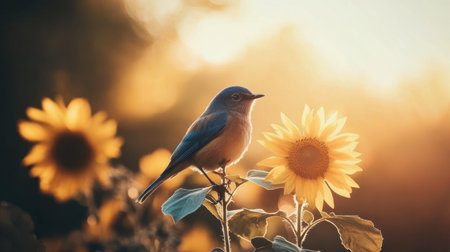 A serene bird perches gracefully on a sunflower, bathed in soft light during golden hour, creating a peaceful moment capturing the essence of nature's beauty.の素材