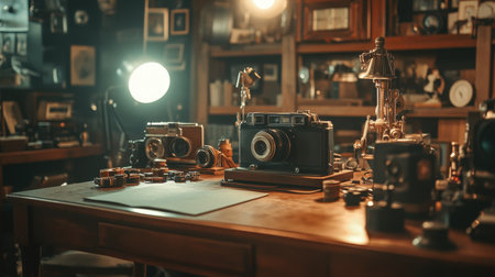A cozy studio scene showcasing a vintage camera collection, surrounded by various antique objects and soft lighting, perfect for photography enthusiasts and art lovers.の素材