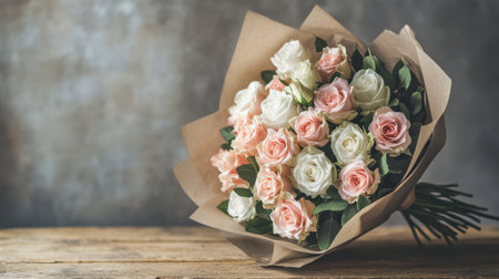 A stunning bouquet features a blend of pastel roses elegantly wrapped in kraft paper, perfect for gifts, events, or home decor, embodying beauty and charm.の素材
