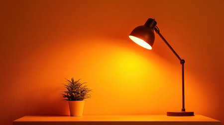 A bright workspace featuring a stylish desk lamp and a potted plant set against a vibrant orange wall, evoking a cozy and inviting atmosphere perfect for creativity.の素材