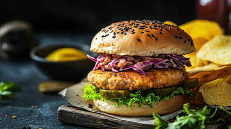This appetizing gourmet burger showcases a savory patty topped with fresh veggies and served alongside crispy chips, perfect for a casual dining experience.の素材