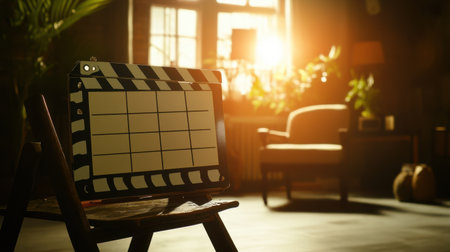 A vintage film clapperboard rests on a wooden chair in a sunlit room surrounded by plants and soft furniture, creating a warm and inviting atmosphere for creative projects.の素材