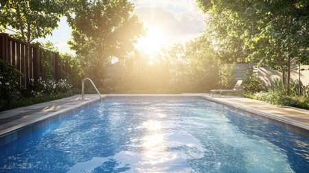 A tranquil backyard pool surrounded by lush greenery, basking in warm sunlight, perfect for relaxation and serene summer vibes in an inviting outdoor setting.の素材