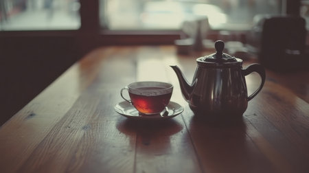 A tranquil scene featuring a steaming cup of tea beside a shiny teapot on a rustic wooden table. Soft sunlight creates a warm, inviting atmosphere perfect for relaxation.の素材