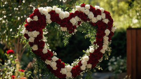 Gorgeous heart-shaped floral display featuring red and white roses adorned with lush greenery, perfect for romantic events and outdoor celebrations.の素材
