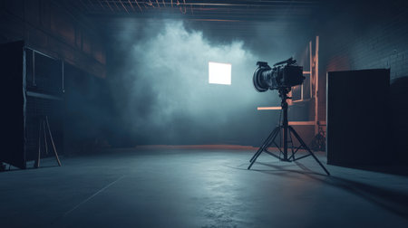 Evocative studio space featuring professional lighting and a camera on a tripod, surrounded by mist, ideal for creative photography and film projects.の素材