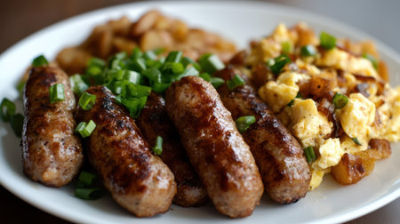 A mouthwatering breakfast plate featuring grilled sausages, fluffy scrambled eggs, and sweet caramelized onions, all topped with fresh green onion garnishes for vibrant appeal.の素材