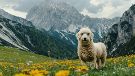 A charming fluffy dog stands proudly among vibrant yellow flowers in a grassy field with breathtaking mountains behind, embodying the beauty of nature.の素材
