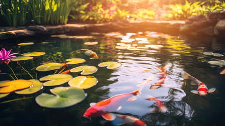 A stunning garden pond scene featuring vibrant koi fish swimming peacefully among lotus leaves, with sunlight creating a serene and tranquil atmosphere in nature.の素材