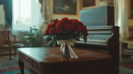 A stunning bouquet of red roses sits on a wooden table, adding a touch of elegance to the room's warm ambiance, perfect for celebrations and romantic gestures.の素材