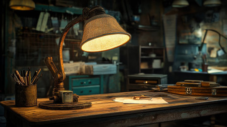 A warm atmosphere is created in this rustic workspace featuring a vintage desk, illuminating lamp, and scattered stationery, perfect for inspiring creativity and productivity.の素材