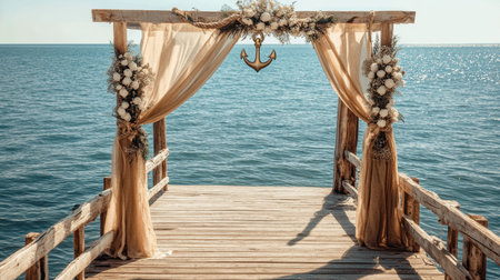 A beautifully decorated wedding arch with floral embellishments and an anchor symbol stands against a calm ocean backdrop, perfect for romantic photos and ceremonies.の素材