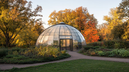 Explore a stunning glass greenhouse nestled in a picturesque botanical garden, framed by the rich colors of autumn foliage, creating a tranquil outdoor retreat.の素材