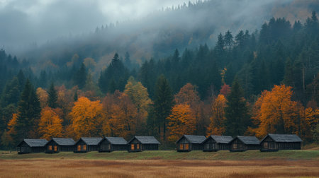 A tranquil autumn scene featuring wooden cabins nestled among vibrant trees in shades of yellow, orange, and red, set against misty mountains and a serene landscape.の素材