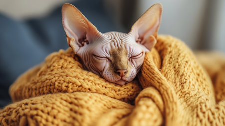 A peaceful Sphynx cat peacefully resting in a vibrant yellow blanket, embodying comfort and warmth. This close-up showcases the adorable expression of tranquility and joy.の素材