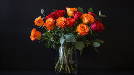 A beautiful bouquet featuring red, orange, and yellow roses in a clear vase, accented with green eucalyptus leaves, creates a stunning visual for floral arrangements.の素材