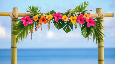 This stunning tropical floral arrangement features vibrant hibiscus flowers and lush greenery, creating an ideal backdrop for beach weddings and seaside celebrations.の素材