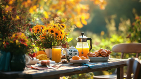 A serene outdoor breakfast setting featuring vibrant sunflowers, delicious croissants, refreshing orange juice, and a charming teapot bathed in warm sunlight.の素材