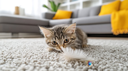 A playful kitten investigates a feather toy on a plush carpet in a cozy living room. With modern furniture and bright pillows, the scene radiates warmth and joy.の素材