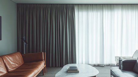 A stylish living room featuring a brown leather sofa and soft white curtains. This modern space radiates comfort and sophistication with natural light filtering through.の素材