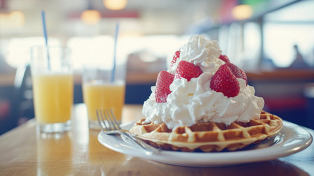 Enjoy a delectable waffle featuring a generous dollop of whipped cream and fresh strawberries, served alongside refreshing orange juice in a bright cafe setting.の素材