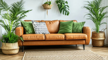 A stylish living room featuring a warm brown leather sofa adorned with green cushions, complemented by vibrant indoor plants. A perfect blend of comfort and elegance.の素材