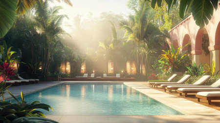 Experience a tranquil moment by a luxurious pool surrounded by vibrant tropical plants and soft morning light, perfect for relaxation and rejuvenation.の素材