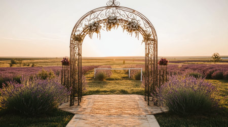 A beautiful archway adorned with elegant flowers frames a stunning lavender field during sunset. This serene setting is perfect for romantic moments and special events.の素材