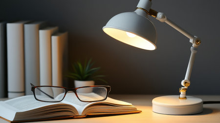 Inviting scene featuring a desk lamp illuminating an open book paired with stylish glasses and a small plant, perfect for creating a serene reading atmosphere.の素材