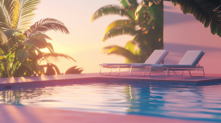 Enjoy the peaceful ambiance of a beautiful poolside setting at sunset. The relaxing atmosphere features loungers surrounded by lush foliage, offering a perfect escape.の素材