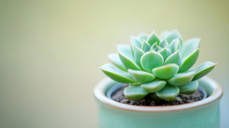 A stunning close-up image of a fresh green succulent plant in a light blue pot, perfect for enhancing any interior space or showcasing natural beauty.の素材