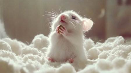 An adorable white mouse is captured in a warm setting, showcasing its tiny paws holding food while exuding innocence and curiosity in this heartwarming scene.の素材