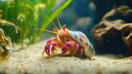 A vibrant hermit crab explores its sandy habitat underwater, showcasing its colorful shell and lively demeanor among marine plants, presenting a serene aquatic scene.の素材