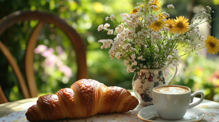 Enjoy a peaceful morning scene with a croissant, fragrant coffee, and a beautiful floral arrangement, capturing the essence of relaxation in a garden setting.の素材