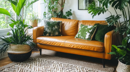 This inviting living room features a warm leather sofa surrounded by lush green plants and stylish decor, creating a cozy atmosphere perfect for relaxation and aesthetic appeal.の素材