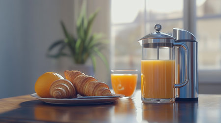 A beautiful breakfast scene featuring flaky croissants, fresh orange juice, and vibrant citrus fruit on a wooden table by a sunlit window, perfect for morning moments.の素材