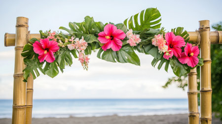 A vibrant floral archway adorned with pink hibiscus flowers and lush green foliage creates a stunning backdrop by the serene beach and calm ocean. Perfect for celebrations.の素材