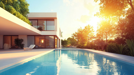 A stunning modern villa featuring a pristine pool, enveloped by lush greenery and bathed in warm sunset light, ideal for luxurious getaways and tranquil retreats.の素材