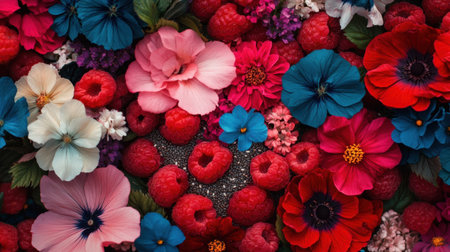 A lively composition featuring an array of colorful flowers and raspberries creates an enchanting visual experience. Perfect for backgrounds or artistic projects.の素材