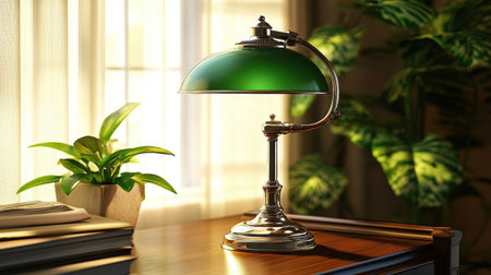 A stylish green desk lamp sits gracefully on a wooden table, illuminating a peaceful workspace with a touch of vintage charm and natural sunlight through the window.の素材