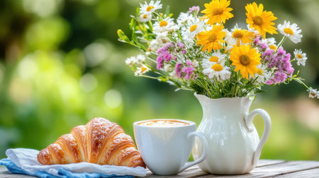 Enjoy a delightful morning atmosphere with a cozy scene featuring a croissant and a cup of coffee beside a vibrant floral arrangement, perfect for relaxation.の素材