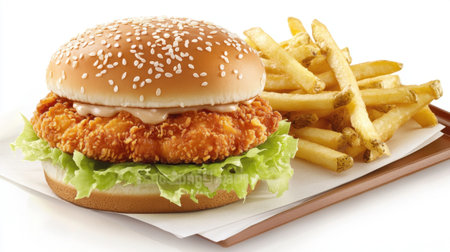 A mouthwatering chicken sandwich featuring a crispy fried chicken patty, fresh lettuce, and creamy mayonnaise, served with crispy French fries. Perfect for any meal.の素材