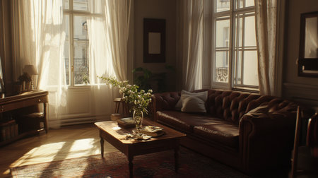 This inviting living room features a cozy couch, a stylish coffee table, and beautiful natural light flooding through large windows, creating a warm ambiance.の素材