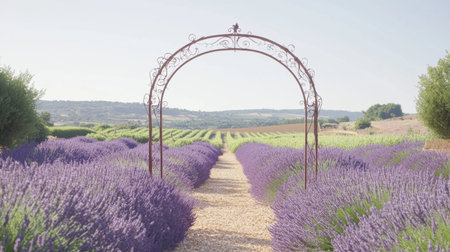 A peaceful lavender field features an ornate archway leading through vibrant purple blooms under clear blue skies, creating a picturesque rural scene.の素材